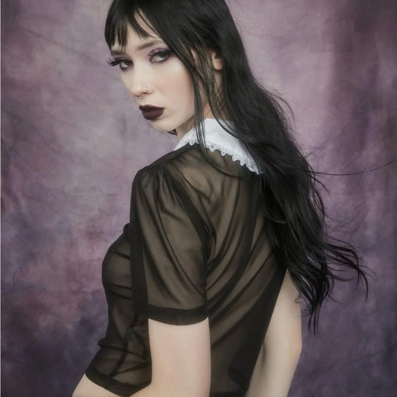 Dollskill Widow Terror After Tea Time Collared Mesh Crop Top Black and White NWT - Picture 4 of 8